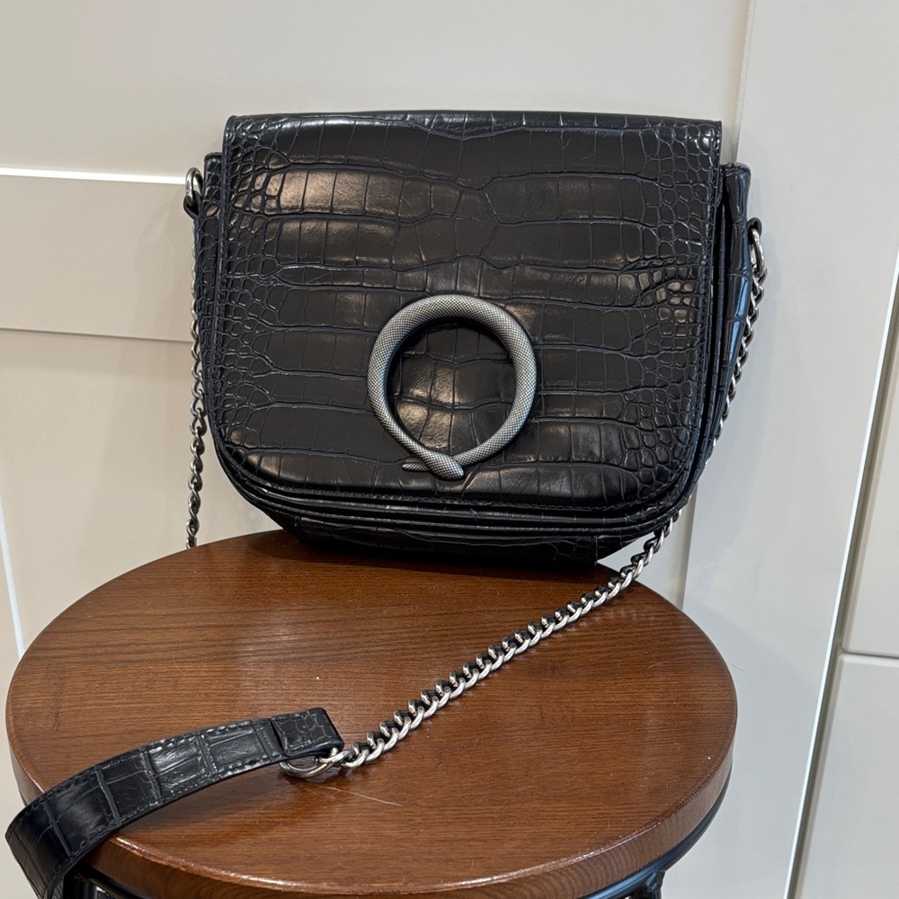 Zara Black Croc-Embossed Shoulder Bag